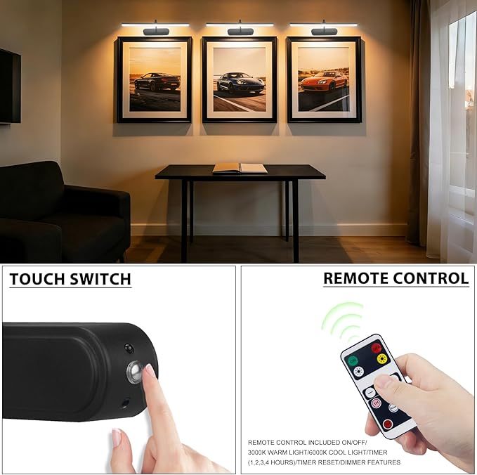 RAIFOOLLY Picture Light, Art Light for Paintings, 5000mAhBattery Operated Wall Light, Remote Accent Light with Timer and Dimmable for Frame, Portrait, Dartboard - Black 2PK