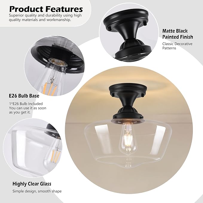 Black Schoolhouse Light Fixture 12" Mid Century Light Fixture Schoolhouse Light Fixtures Ceiling Clear Glass Semi Flush Mount Ceiling Lights for Bedroom Bathroom Kitchen(Bulb Incl.)
