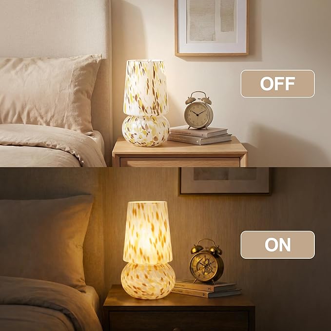 9.8 Inch Mushroom Table Lamp, UL Listed Dimmable Small Desk Bedside Lamp with Woven Beige Cord, Handcrafted Pattern, Murano Home Decor for Bedroom, Living Room, Entryway, Cream Gold, No Bulb Included