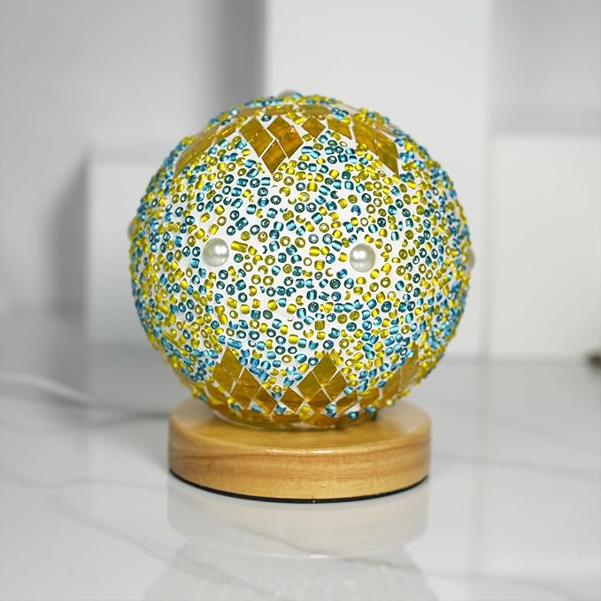Turkish Table lamp (D:4.7" x H:5.2"),Mosaic Glass Lamps with Wooden Base, Bohemian Tiffany Bedside Lamps, USB Power Moroccan Lantern for Living Room Halloween Decorations (Morocco - Green, Morocco)