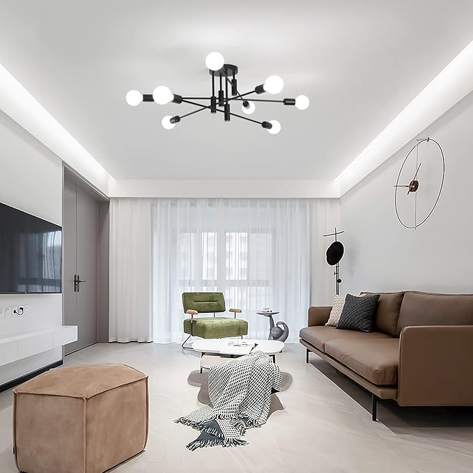 Garwarm Black Ceiling Light Fixture, 8-Lights Semi Flush Mount Ceiling Light, Sputnik Chandelier Industrial Ceiling Lamp for Kitchen Dining Room Bedroom Foyer Entryway Hallway Lighting Fixture