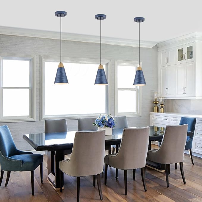 Dijiahua Blue Kitchen Pendant Lighting Over Island 3 Pack,Small Modern Farmhouse Chandeliers Navy Hammered Metal Shade,Mini Vintage Adjustable Cord Hanging Ceiling Lamp Fixtures Over Sink