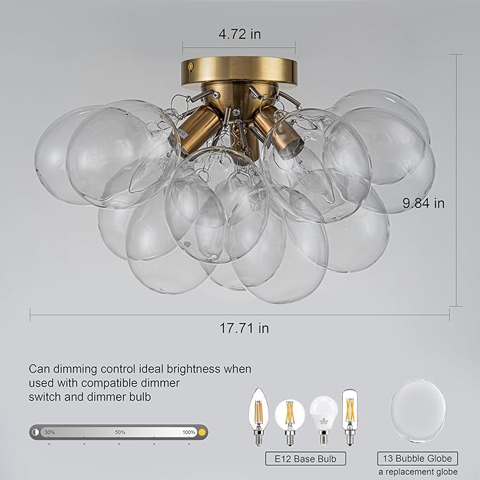 Semi Flush Mount Chandelier Gold Close to Ceiling Light Fixtures Modern Bubble Ball Glass Chandelier Mid Century Ceiling Pendant Light 17.72in 13 Globe for Bedroom Foyer Living Room Kitchen Island