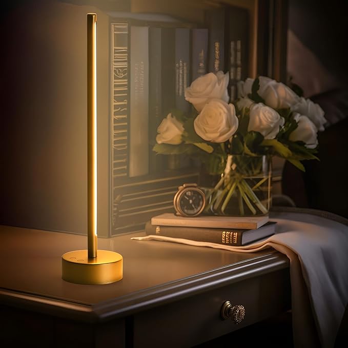 KARTOOSH Cordless LED Table Lamp, Battery Operated Portable Desk Lamp,Dimmable/3 Color/Memory Function,Modern Rechargeable Table Light for Living Room,Bedroom,Bedside,Gold