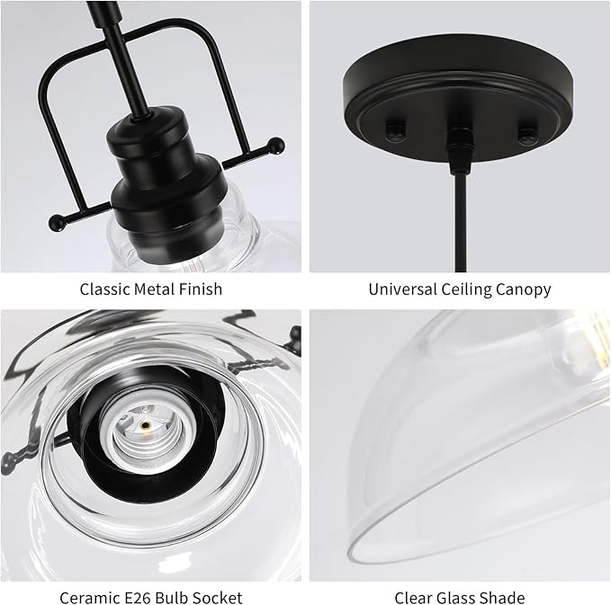 WILON Farmhouse Pendant Lights Kitchen Island Lighting, Black Pendant Light Over The Sink, Vintage Clear Glass Pendant Light, Industrial Hanging Light Fixture for Dining Room Over Table Bar Foyer