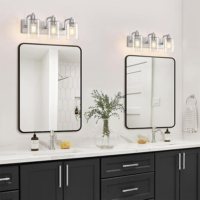 Dpyrrhic Brushed Nickel Bathroom Light Fixtures, Wall Mounted 3-Light Bathroom Lights Over Mirror with Clear Glass Shade,Wall Sconces for Kitchen Living Room Bedroom