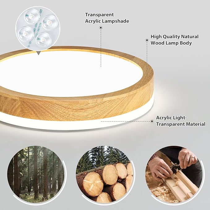 Pevfah Modern Dimmable Wood Flush Mount Ceiling Light, 2700K-6000K 5CCT Round Close to Ceiling Lighting Fixtures, Minimalist LED Ceiling Lamp for Bedroom, Kitchen, Hallway, Laundry Room-11.81in
