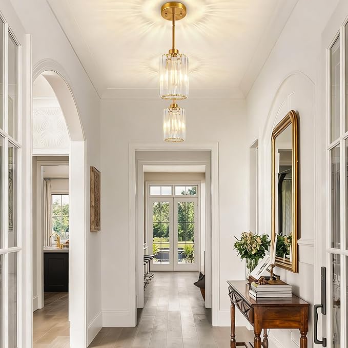3 Pack Brushed Gold Pendant Lights Kitchen Island, Modern Crystal Chandelier Kitchen Pendant Lighting Over Island, Adjustable Hanging Mini Light Fixtures for Dining Room Hallway Corridor Bedroom