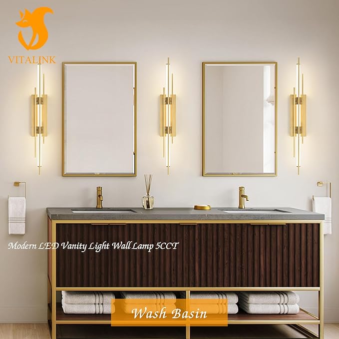 Gold LED Vanity Light 31IN Modern LED Bar Wall Light Over Vanity Mirror Hardwired Picture Light Dimmable Bathroom Wall Mount Lighting 5CCT(3000K/3800K/4500K/5200K/6000K)