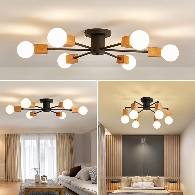Semi Flush Mount Wood Ceiling Light Fixture 6-Lights Rustic Wooden Sputnik Chandelier Farmhouse Ceiling Lighting Oak and Black with E26 for Dining Room Bedroom Kitchen Lighting Fixture.