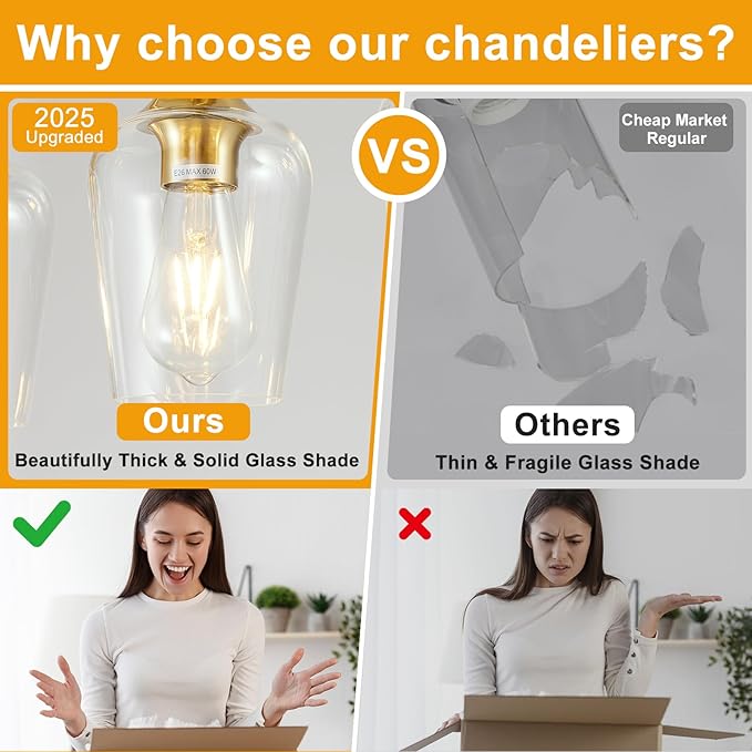 21.2" Dining Room Light Fixture/Chandelier Over Table, 3-Light Brushed Gold Kitchen Island Lighting with Clear Glass Shade, Modern Hanging Pendant Lights Fixture for Kitchen Island, Dining Room, Bar