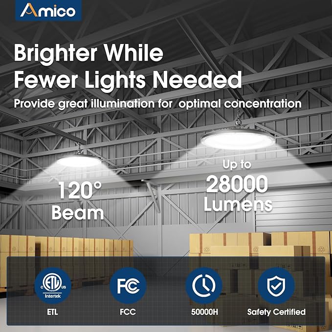 Amico 6 Pack UFO LED High Bay Light 200W 28,000lm 5000K with UL Listed US Hook 5' Cable Alternative to 650W MH/HPS for Gym Factory Barn Warehouse Lighting Fixture