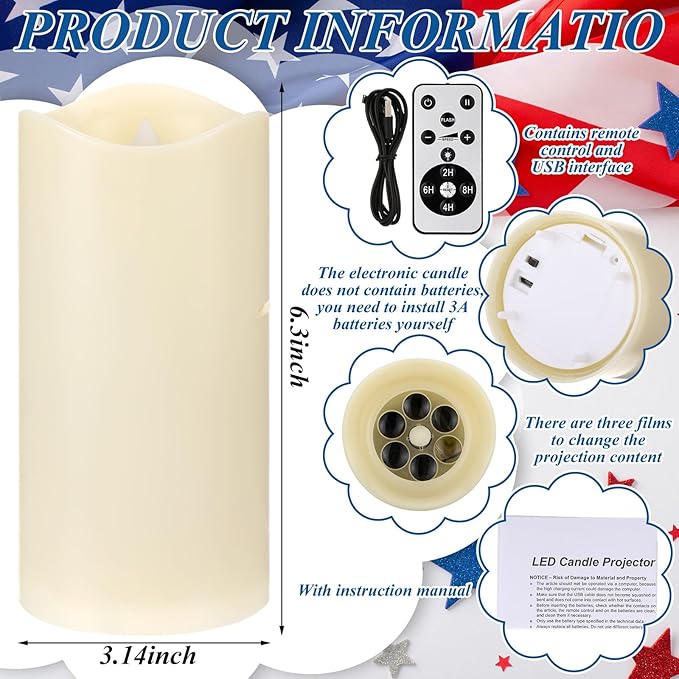 4th of July Flameless Candle Patriotic Projector Light 250th Anniversary Decoration LED Candle Battery Operated Night Light with Remote Timer Independence Day Memorial Red White Blue Table Decor