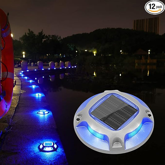 VOLISUN Solar Dock Marine Lights 12 Pack,2 Colors in 1,Outdoor IP67 LED Solar Powered Waterproof Driveway Marker Deck Lights for Warning Step Sidewalk Pathway (White/Blue),Saltwater Resistant