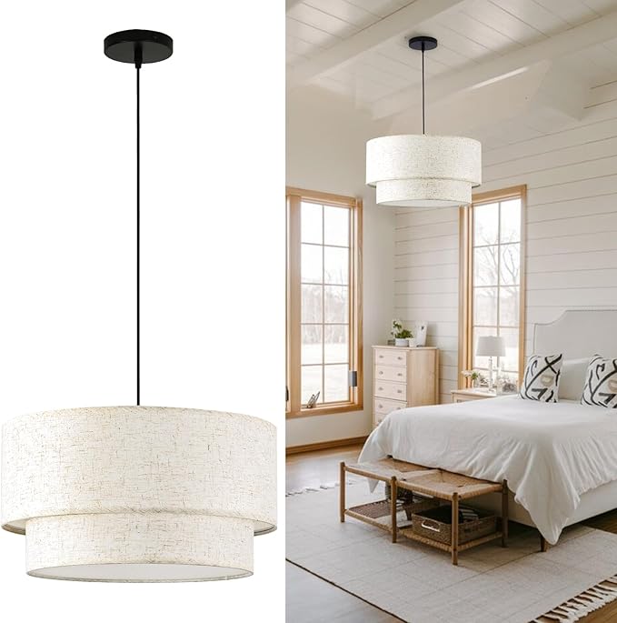 Linen Drum Pendant Light, 18” Double Drum Light Fixture with Modern Fabric Lampshade, 3-Light Linen Chandeliers for Dining Room, Bedroom
