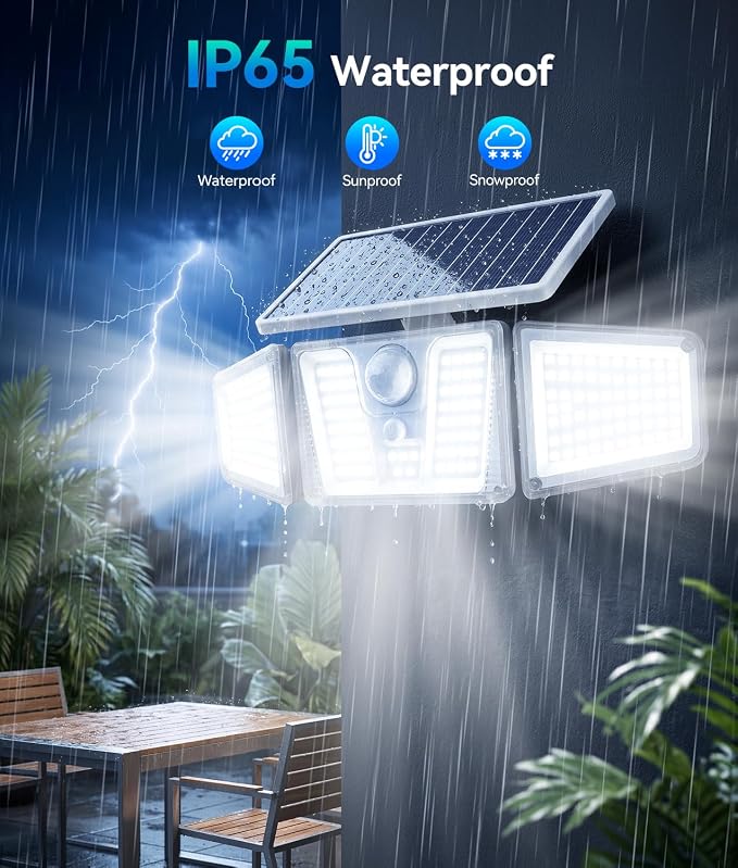 KOOPER Solar Flood Lights, 210 LED Motion Sensor Outdoor Lights, Solar Motion Lights Outdoor Waterproof, 3 Heads 300° Wide Angle Outdoor Security Lights for Yard Patio Garage Entryways, 2 Pack, White
