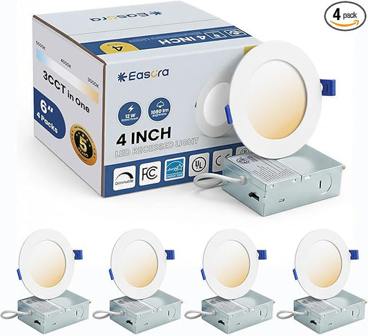Recessed Lighting 4 Inch 4Packs, 3CCT 3000/4000/5000K Anti-Glare LED Can Lights, 9W 750LM High Brightness Dimmable Recessed Lights, Easy-to-Install Wafer Light with Junction Box, ETL & FCC & IC