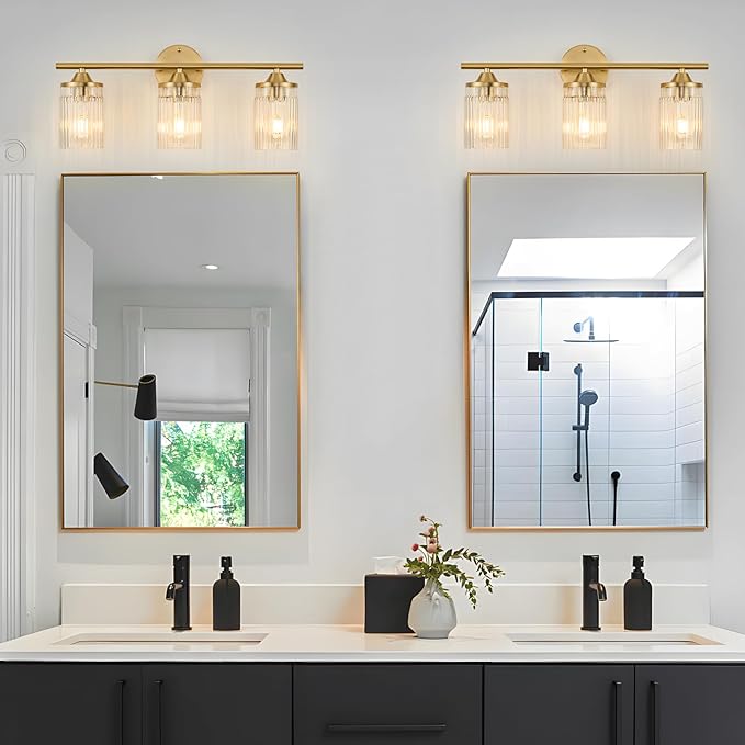 Jonsi Gold Bathroom Light Fixtures 3-Light Vanity Lights Modern Wall Sconce with Clear Glass Shade Brushed Brass Bathroom Light Fixture Over Mirror for Bedroom Hallway Kitchen