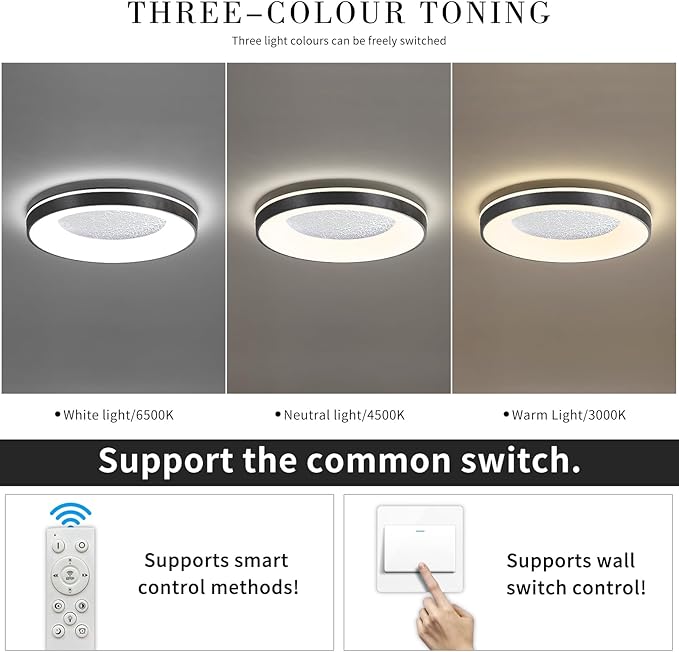 LED Flush Ceiling Light, 19in Black Round Ceiling Light Dimmable 3000K/4500K/6500K Color Recessed Lamp for Living Room, Bedroom, Office,Hallway
