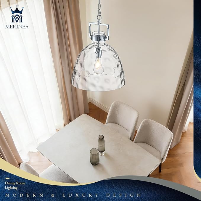 Glass Pendant Light, 13.8 Inch Single Hanging Ceiling Light with Adjustable Chain, E26 Base Oversized Hammered Clear Glass Kitchen Island Pendant Lighting in Polished Chrome for Dining Room, Entryway