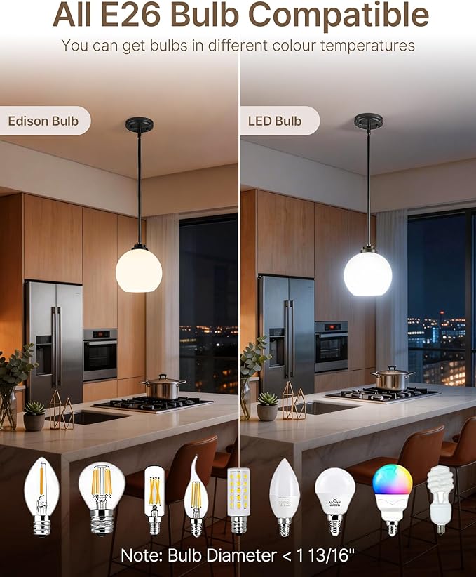 Majade Globe Pendant Lights Kitchen Island Pendant Light Fixtures 7.4 Inch Black Mid Century Modern Globe Pendant Lighting with Milk Glass Adjustable Hanging Light Fixtures for Dining Room(2 Pack)
