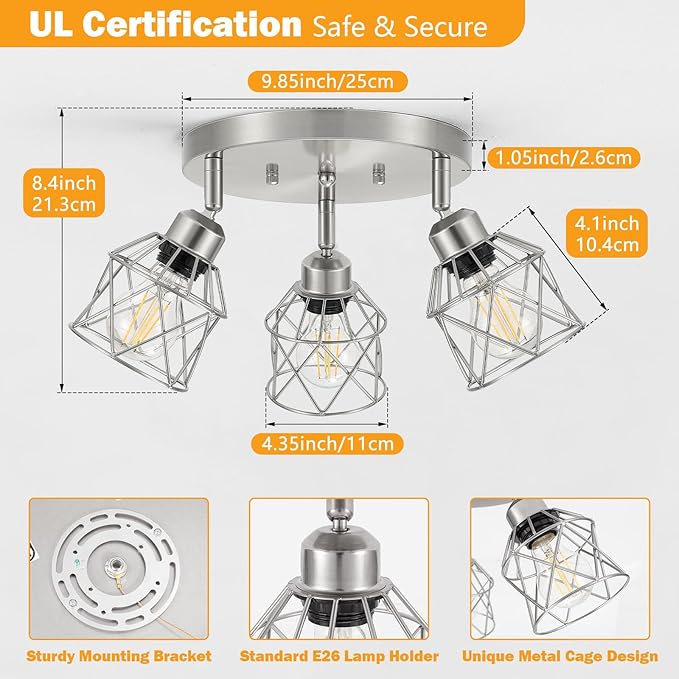 3-Light Brushed Nickel Semi Flush Mount Ceiling Light, Adjustable Kitchen Light Fixtures Ceiling Mount E26 Base Multi-Directional Silver Ceiling Spot Lights for Hallway Farmhouse Foyer
