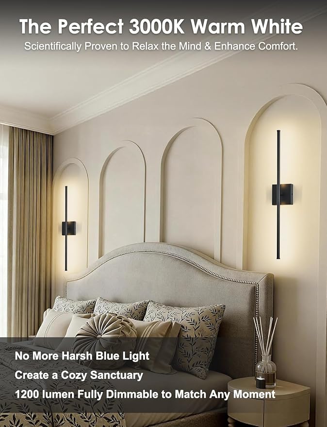 KARTOOSH 27.8 Inch Hardwired Wall Sconces Set of Two, 3000K Warm White Dimmable Modern Wall Sconces, 350° Rotate LED Light Fixtures Wall Lamp for Bathroom Living Room Bedroom Bedside, Black