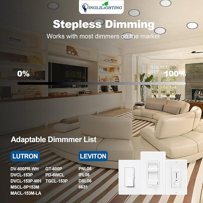 DLLT LED Recessed Ceiling Light: 6 Pack 8 Inch Slim Recessed Lighting for Kitchen - 5CCT Dimmable Canless Wafer Downlight for Living Room - 1800LM Brightness 18W LED Can Lights for Bedroom ETL FCC