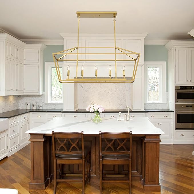 Untrammelife 5-Light Kitchen Island Pendant Lighting Gold Lantern Pendant Linear Chandelier Modern Rectangle Light Fixtures with Adjustable Rod for Dining Table Kitchen