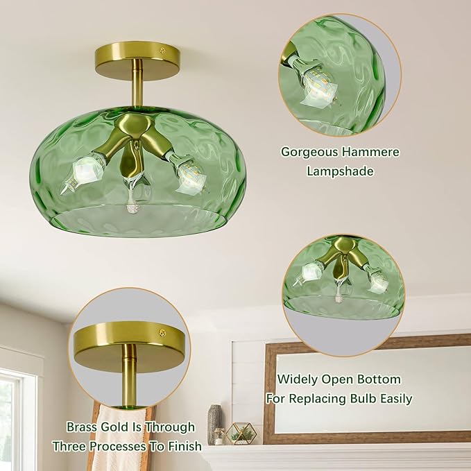 Green Glass Flush Mount Ceiling Light - 12 Inch Hammered Glass Hallway Light fixtures Ceiling, Vintage Gold Semi Flush Mount Ceiling Light,Mid Century Light Fixture for Bedroom Entryway Kitchen