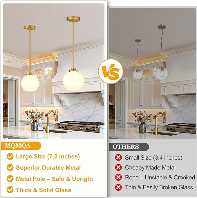 2 Pack 7.2-Inch Globe Pendant Lights, Mid Century Gold Pendant Light Fixtures, Globe Pendant Lights Kitchen Island with Milk Glass Shade Adjustable Hanging Fixture for Dining Room (Bulbs not Included)