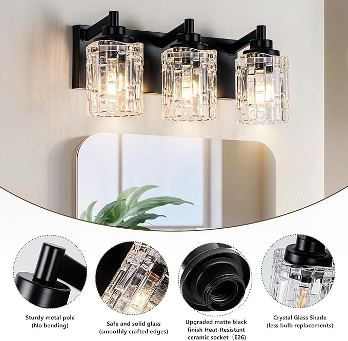 Bathroom Light Fixtures, 3-Light Black Bathroom Vanity Light, Modern Wall Sconces with Clear Glass Shade, Black Wall Lights for Mirror Kitchen Bedroom Hallway, E26 Base