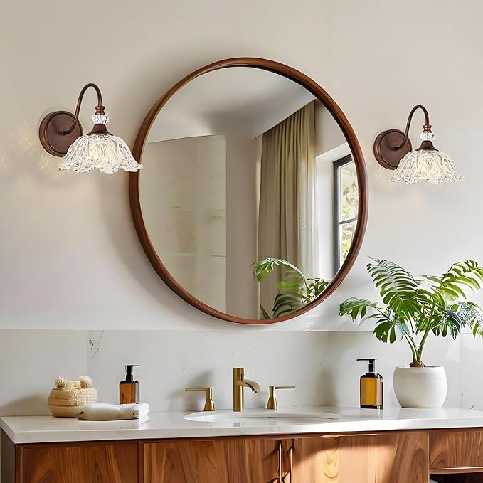 1-Piece Antique Red Bronze Vintage Wall Sconce with Floral Clear Glass Shade, Farmhouse Wall Mount Lighting for Bathroom,Vintage Bathroom Vanity Light Fixtures