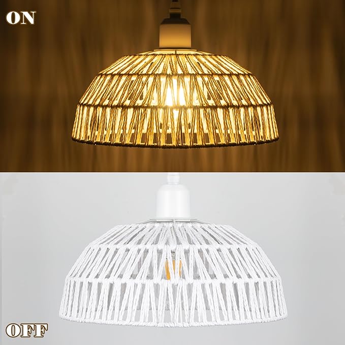 Rattan Pendant Light Fixtures 2 Packs, White Boho Woven Basket Pendant Light, Handmade Wicker Hanging Lamp, Rattan Chandelier for Kitchen Island, Dining Room, Living Room, Bedroom, E26 Base