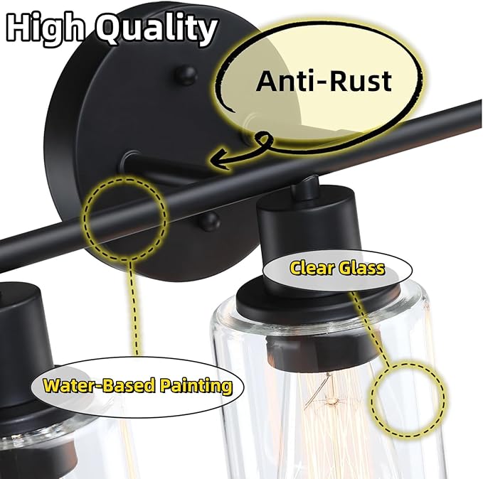 WISBEAM 3-Light Vanity Light Over Mirror, Black Bathroom Wall Light Fixtures with Clear Glass Shade Including E26 Medium Base, Bulb NOT Included