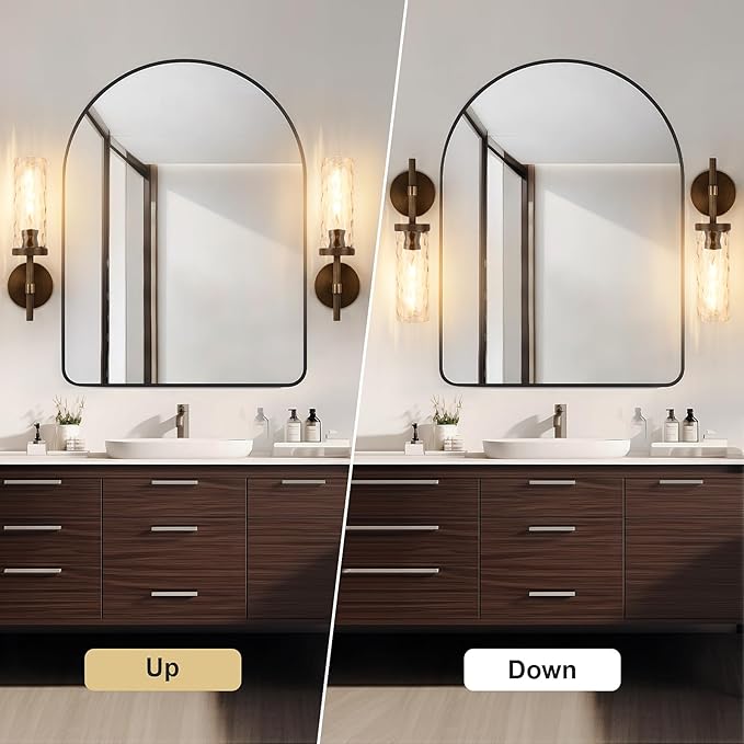 15" Knurled Brass Wall Sconces Set of 2, Bronze Bathroom Vanity Light Fixtures with Water Ripples Glass Tube, Modern Lamp Lighting for Bedroom, Living Room, Hallway, Staircase, Mirror, Kitchen