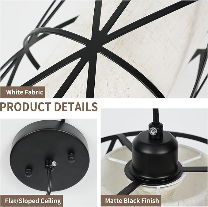 Matte Black Pendant Light, Adjustable Height Island Lights for Kitchen with Linen Shade, Modern Kitchen Pendant Lighting Over Island, Dining Room, and Living Room