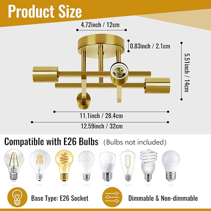 Ceiling Light, Dining Room Light Fixture with E26 Base, Semi Flush Mount Ceiling Light Fixture, Kitchen Lighting Fixtures Ceiling, 4-Light Matte Gold Chandelier for Bedroom