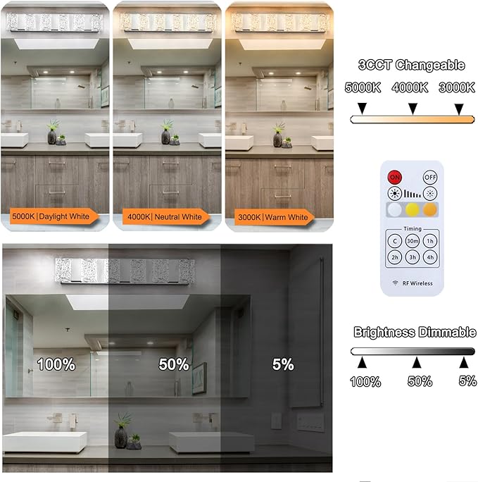Modern 6-Lights Bathroom Vanity Lighting, Chrome Crystal LED Bathroom Light Fuxtures Over Mirror, Art Deco Dimmable Wall Sconce, Crystal Bathroom Light, Acrylic Hardwired Wall Lamp(H4.33in, L22.64in)