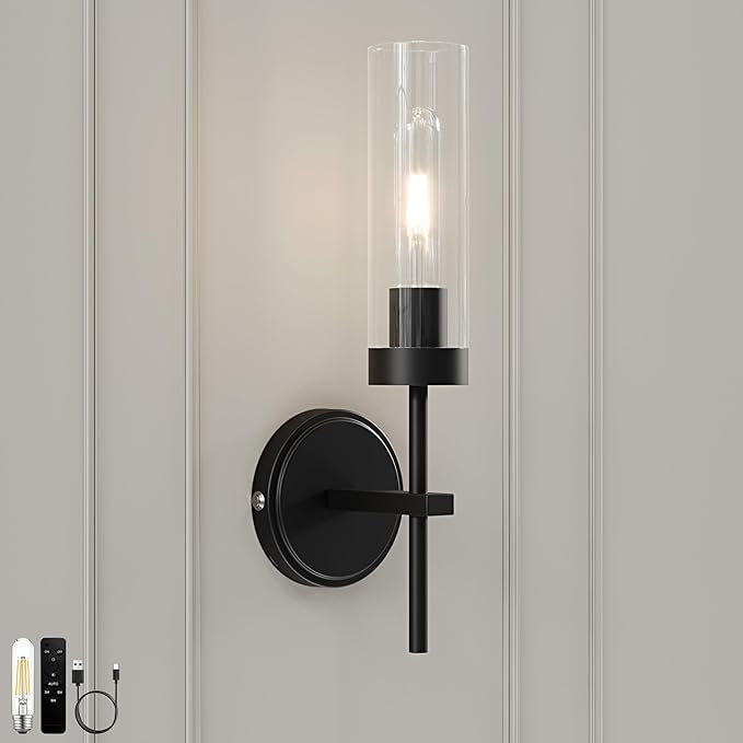 Black Battery Operated Wall Sconce, Wireless Wall Sconces with Remote Control, Rechargeable 3000K Dimmable Wall Light for Bedroom Living Room Bathroom Hallway Entryway Stairwell