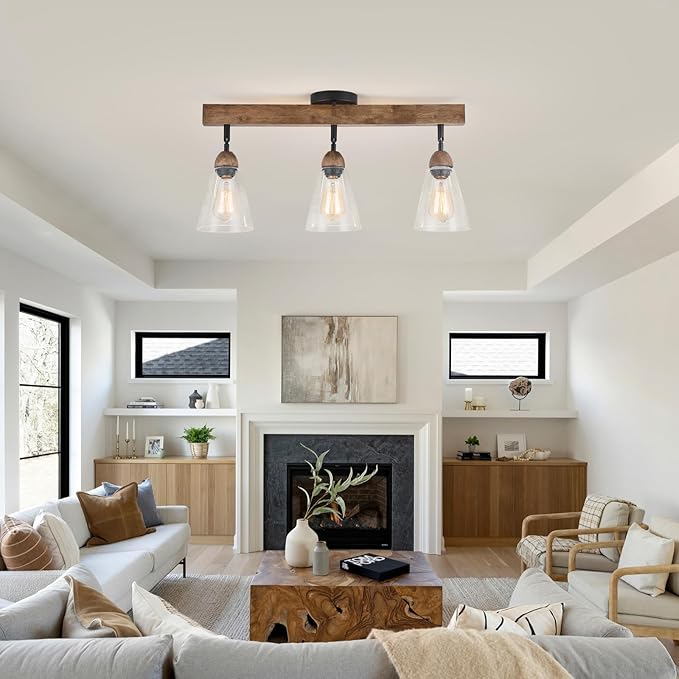 3-Light Large Rustic Farmhouse Wood Flush Mount Ceiling Light Fixture Clear Seeded Glass Shade and Oak Wood Track Semi Flush Mount Ceiling Light for Kitchen Living Room Bedroom Indoor, Black