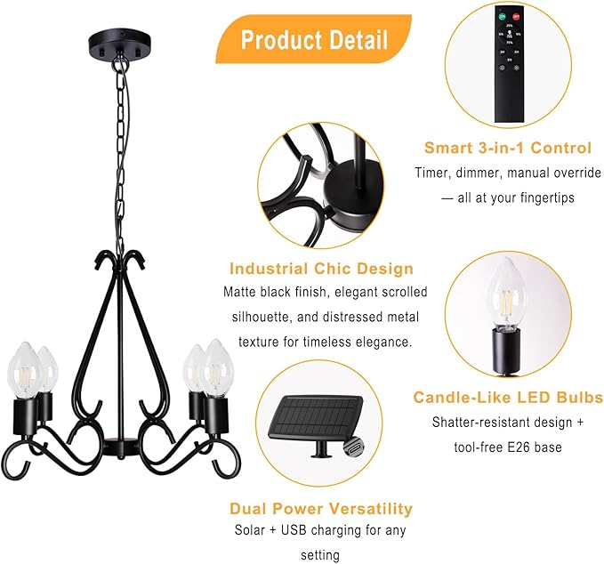 TWINKVILLA Solar Chandelier Outdoor, 4-Lights 23" Rustic Farmhouse Industrial Iron Chandeliers Waterproof Dimmable Hanging Pendant Lights for Gazebo, Pergola, Canopy, Tent Decor