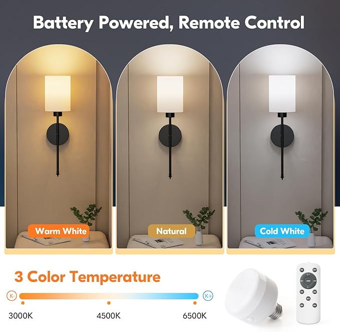 NIORSUN Battery Operated Wall Sconce Set of 2, Black Wireless Rechargeable Wall Lights with 5200mAh Dimmable Detachable Bulbs and Remote, 9 Colors Sconces Wall Decor for Bedroom Living Room Hallway