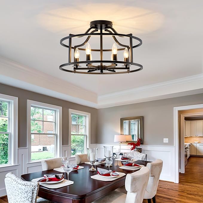 UOFUS Black Farmhouse Chandelier 6-Light Metal Dining Room Light Fixture Modern Industrial Semi Flush Mount Ceiling Light Fixture for Kitchen Island Bedroom Entryway Hallway Foyer E12 Base