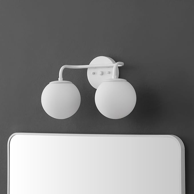 JONATHAN Y 15" White Modern Globe Wall Sconce Vanity Light for Bathroom, White Frosted Glass Shade, Midcentury Parisian Bistro Wall Lamp, LED Bulb Included (JYL3535D)
