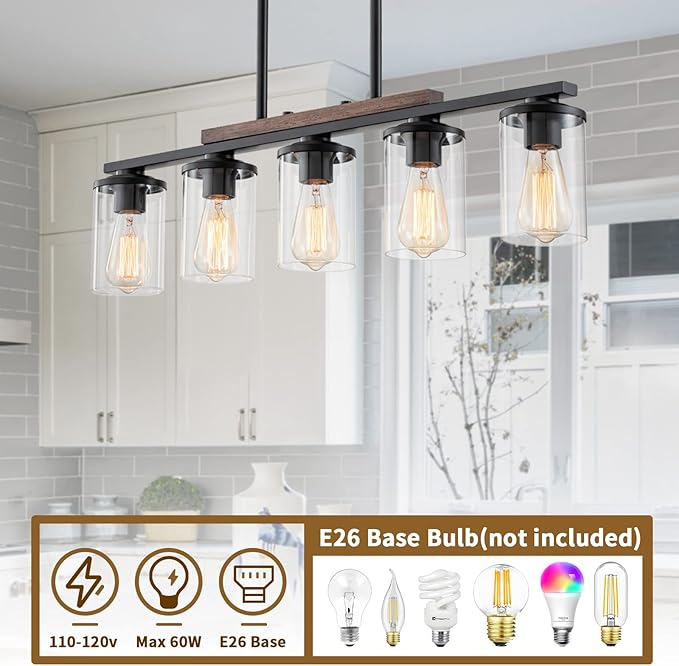 Farmhouse Dining Room Light Fixture, 2026 Upgrade 5-Light Pendant Lights Kitchen Island Lighting, 32.4" Black Farmhouse Chandeliers for Dining Room Chandelier Over Table with Wood Clear Glass Shade