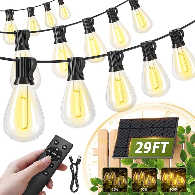 30FT Solar String Lights Waterproof, 10+1 LED Shatterproof Bulbs Solar Powered with Remote & USB Port, 3 Modes Dimmable Outdoor Lights for Patio, Garden, Camping