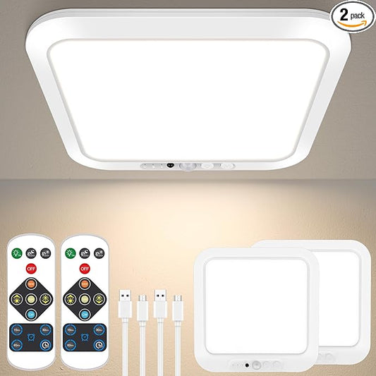Rechargeable Motion Sensor Closet Light with Remote, Wireless Battery Operated Ceiling Light Magnetic Mount, Rechargeable LED Shower Light No Wiring for Indoor, Shower, Stairs, Hallway, Porch - 2 Pack