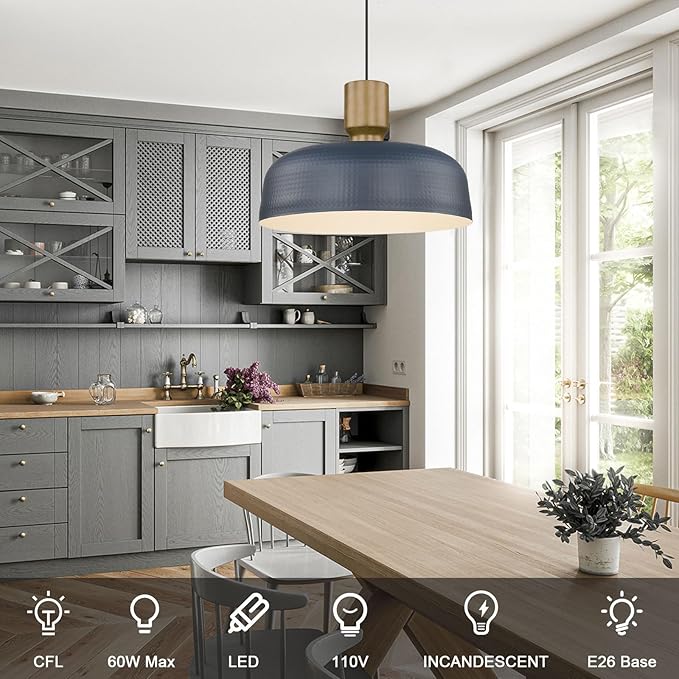 Farmhouse Pendant Lights, Adjustable Hanging Light Fixtures with Hammered Metal Shade, 18.1 inch Pendant Lighting for Kitchen Island, Blue