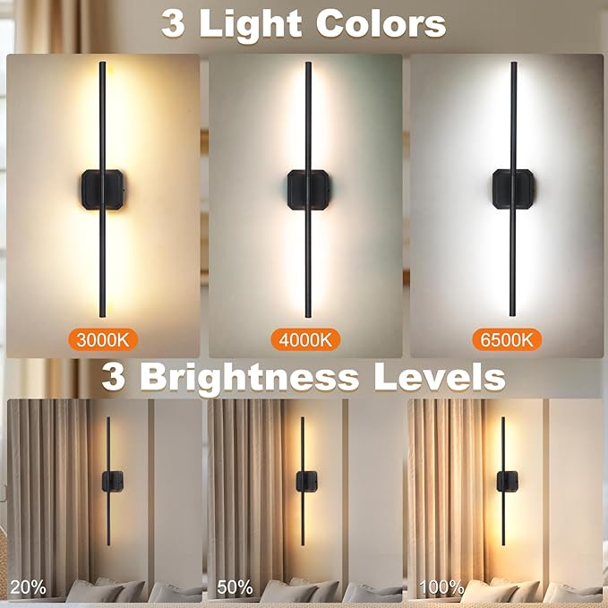 Battery Operated Wall Sconces Set of 2, 𝐔𝐩𝐠𝐫𝐚𝐝𝐞𝐝 Rechargeable Wall Lights with Remote Control, LED Wall Sconces Black, 3000K-6000K Dimmable 360° Rotatable for Living Room, Bedroom, 28''